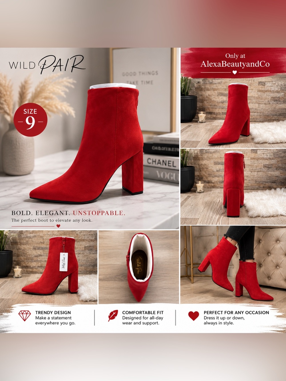 Red Suede Pointed Toe Block Heel Ankle Boots -